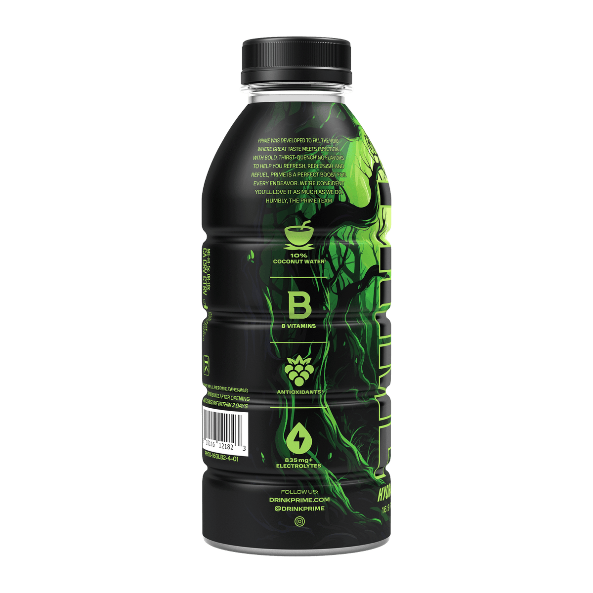 Back view of a PRIME Glowberry hydration drink bottle, featuring a black and green glow-in-the-dark design. The label highlights key ingredients and benefits: 10% coconut water, B vitamins, antioxidants, and 835mg of electrolytes. The text on the label describes PRIME as a drink designed to refresh, replenish, and refuel with bold, thirst-quenching flavors. The bottle also includes the website 'drinkprime.com' and social media handle '@drinkprime'.