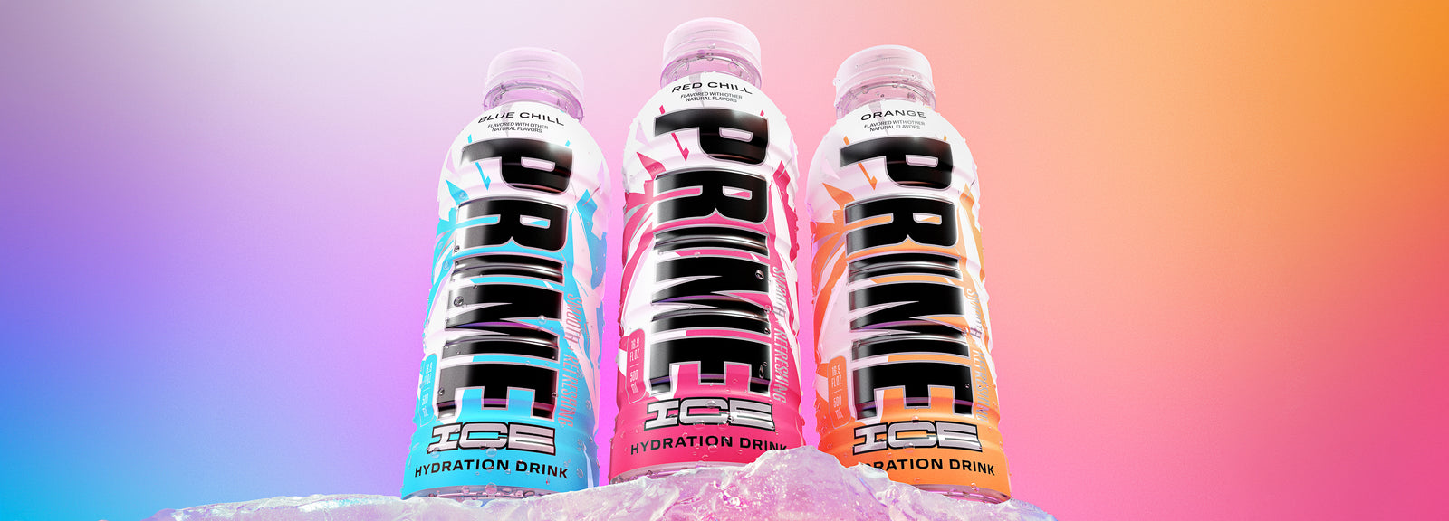Blue Chill, Red Chill, and Orange PRIME ICE Hydration resting on a shelf of ice. 